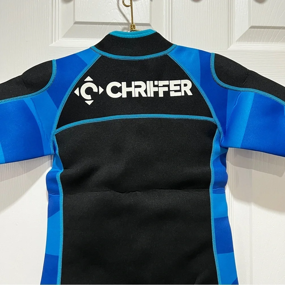Chriffer Kids Wetsuit Size Large Black/Blue Print Details Short Sleeve Boys